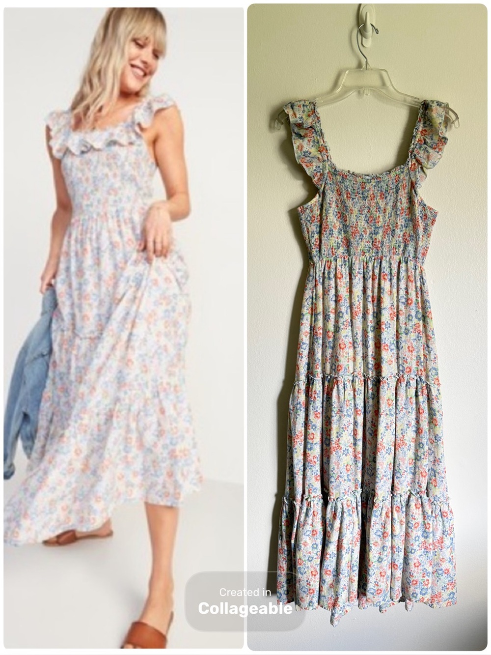 Old Navy Ruffled Smocked Bodice Multi Floral Print Sleeveless Tiered Maxi Dress